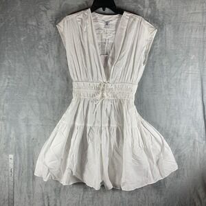 Derek Lam Women's Tora Dress White V Neck Mini Tie Waist Tiered Smocked 6 Cotton